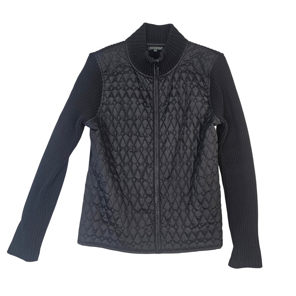 For Cynthia Black Quilted Hybrid Jacket Ribbed Knit Sleeves Mock Neck Zip Front